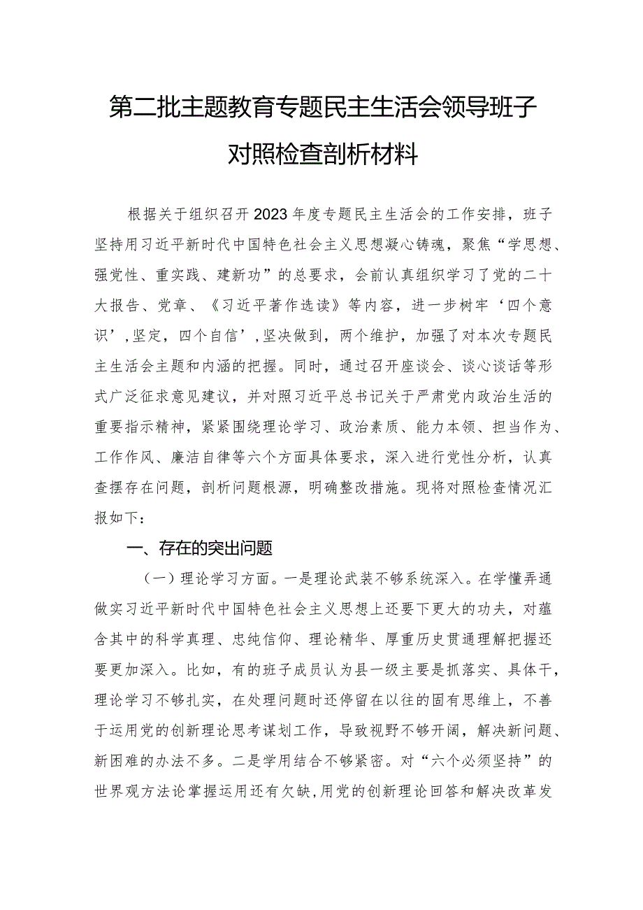 第二批主题教育专题民主生活会领导班子对照检查剖析材料.docx_第1页