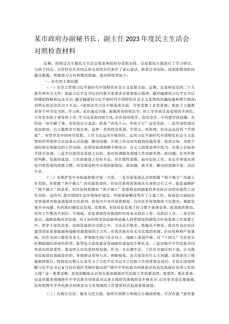 某市政府办副秘书长、副主任2023年度民主生活会对照检查材料.docx_第1页