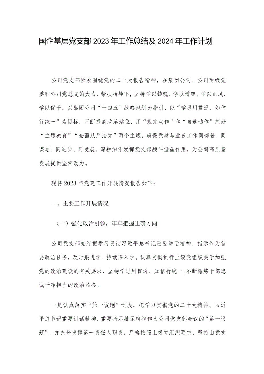 国企基层党支部2023年工作总结及2024年工作计划.docx_第1页