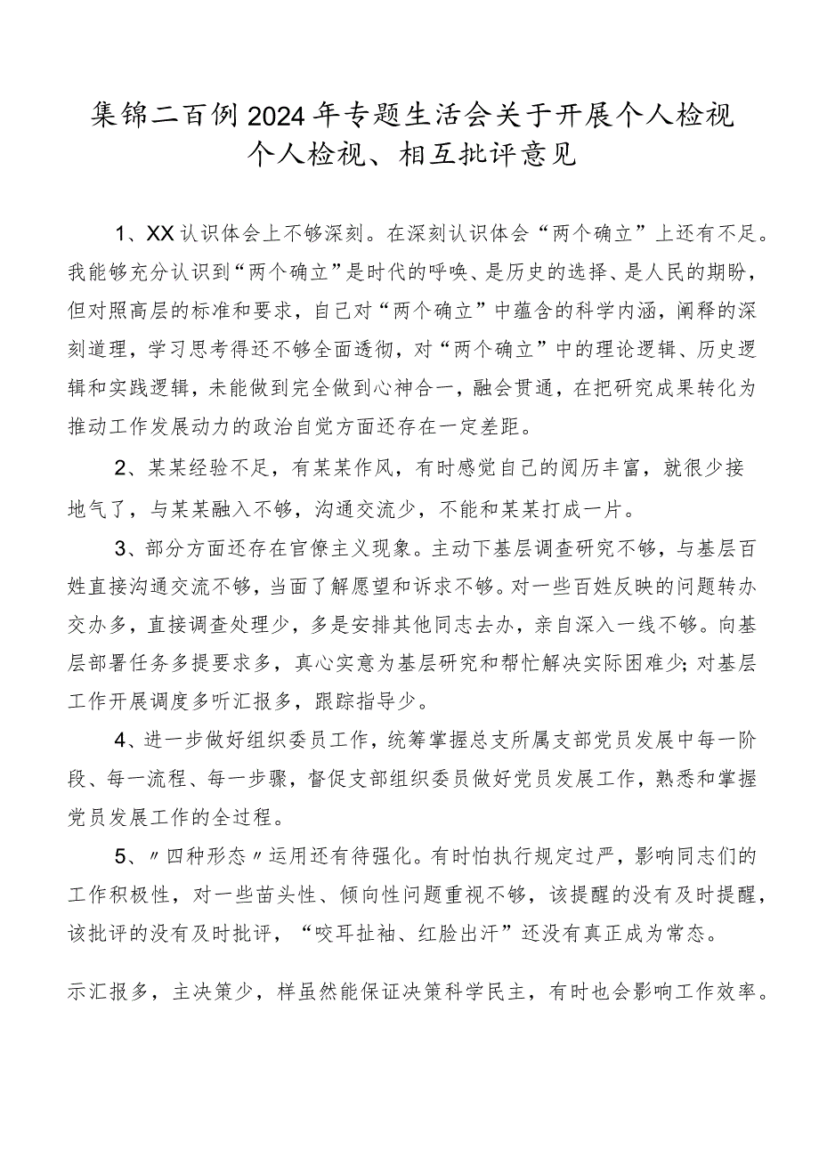 集锦二百例2024年专题生活会关于开展个人检视个人检视、相互批评意见.docx_第1页