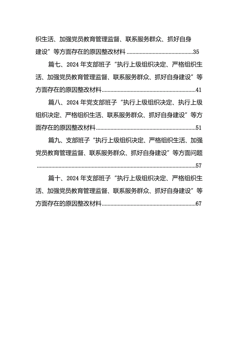 支部班子“执行上级组织决定、严格组织生活、加强党员教育管理监督、联系服务群众、抓好自身建设”等方面问题(精选10篇合集).docx_第2页