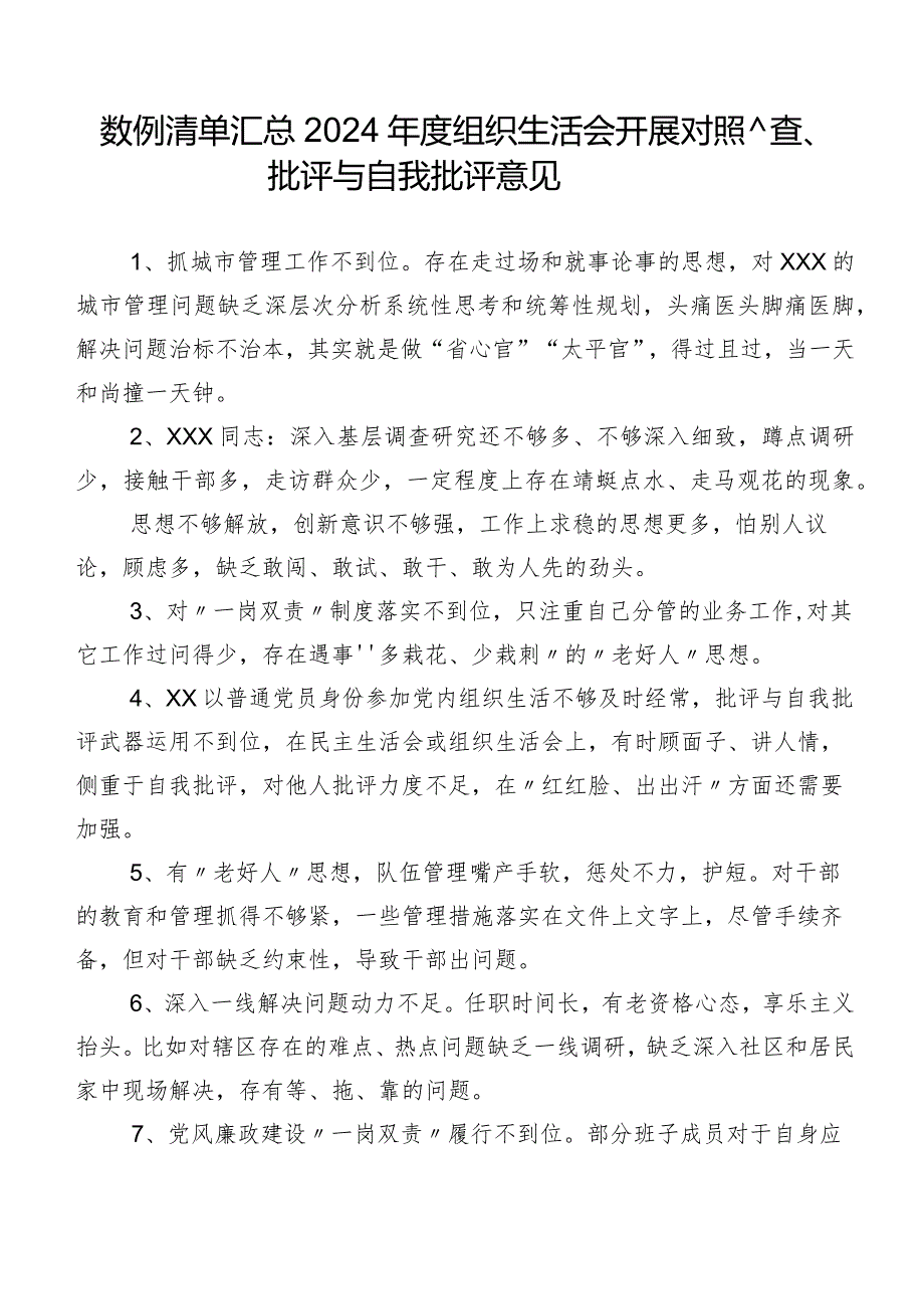 数例清单汇总2024年度组织生活会开展对照检查、批评与自我批评意见.docx_第1页