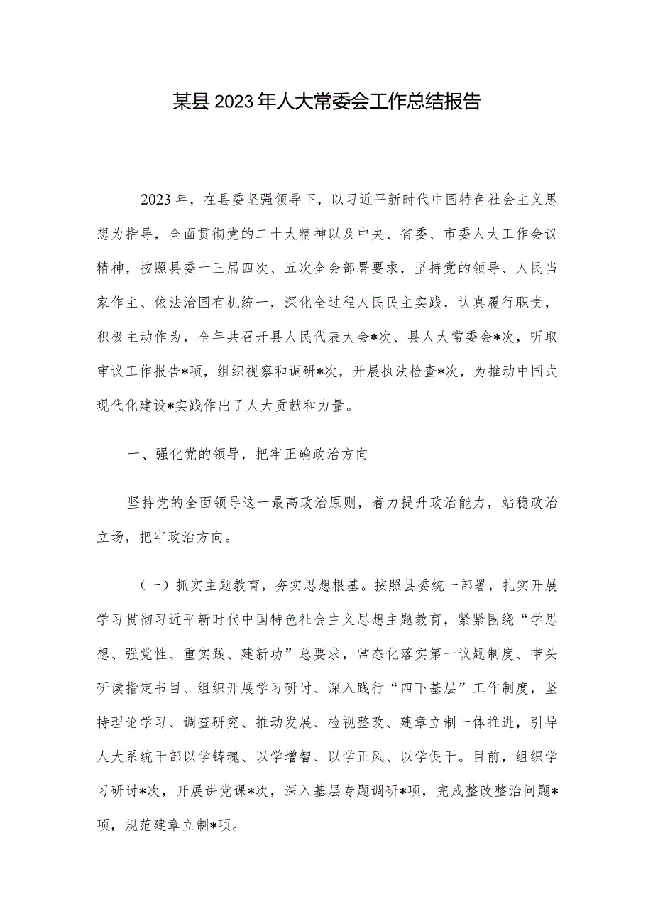 某县2023年人大常委会工作总结报告.docx_第1页