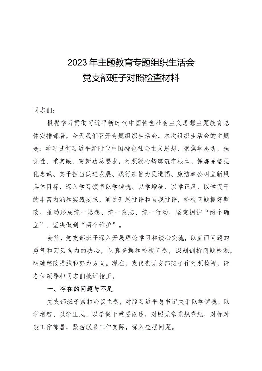 2023年主题教育组织生活会党支部班子对照检查材料（新六个对照）.docx_第1页