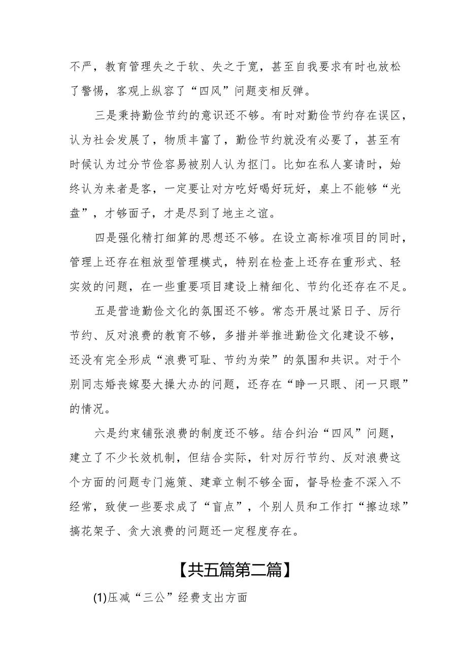 （5篇）2024班子“党政机关过紧日子、厉行节约反对浪费”等方面存在的问题原因分析整改措施.docx_第2页