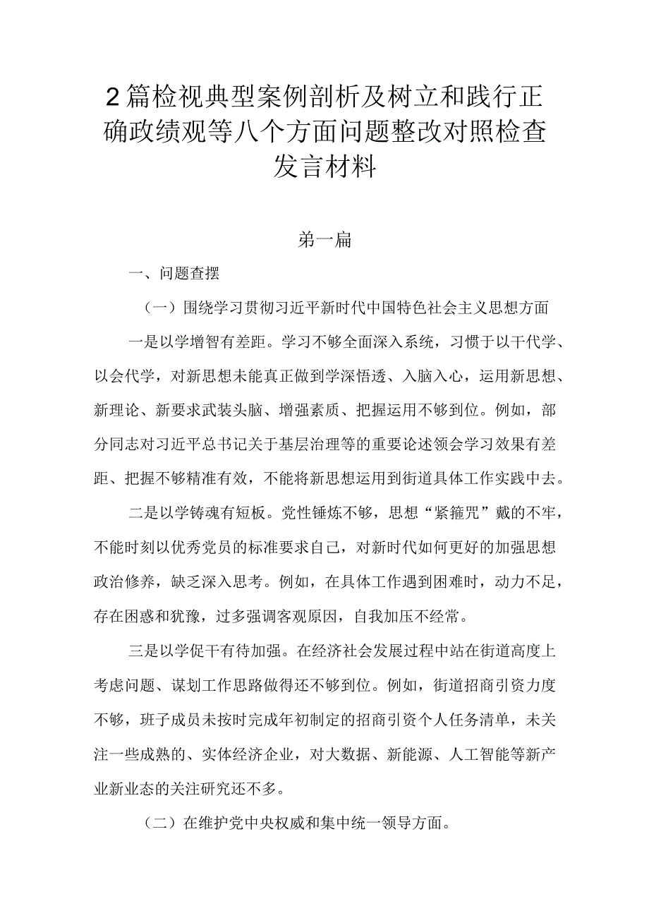 2篇检视典型案例剖析及树立和践行正确政绩观等八个方面问题整改对照检查发言材料.docx_第1页