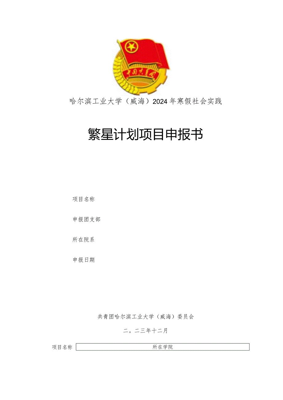 哈尔滨工业大学威海2024年寒假社会实践繁星计划项目申报书.docx_第1页