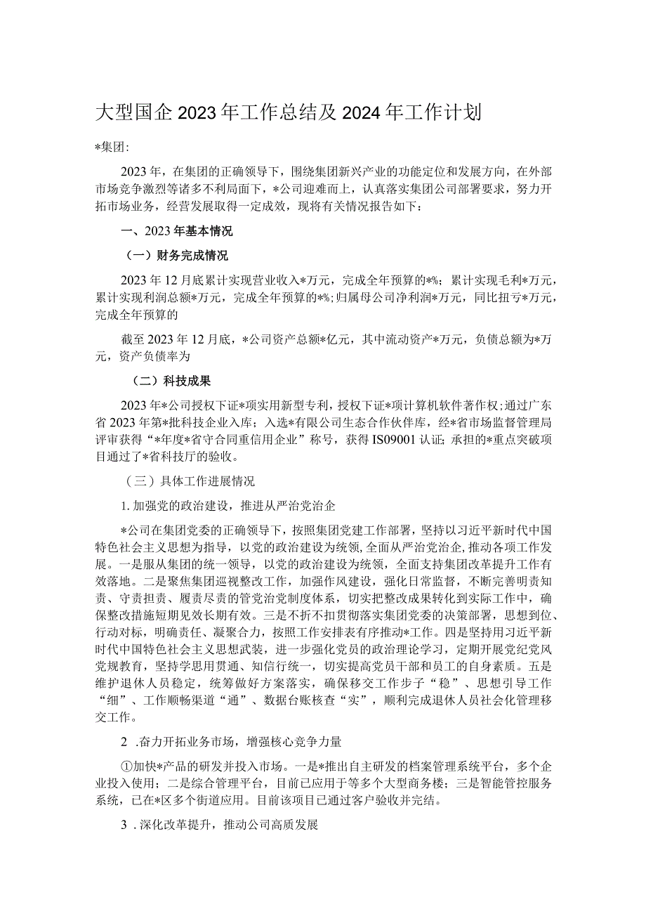 大型国企2023年工作总结及2024年工作计划.docx_第1页