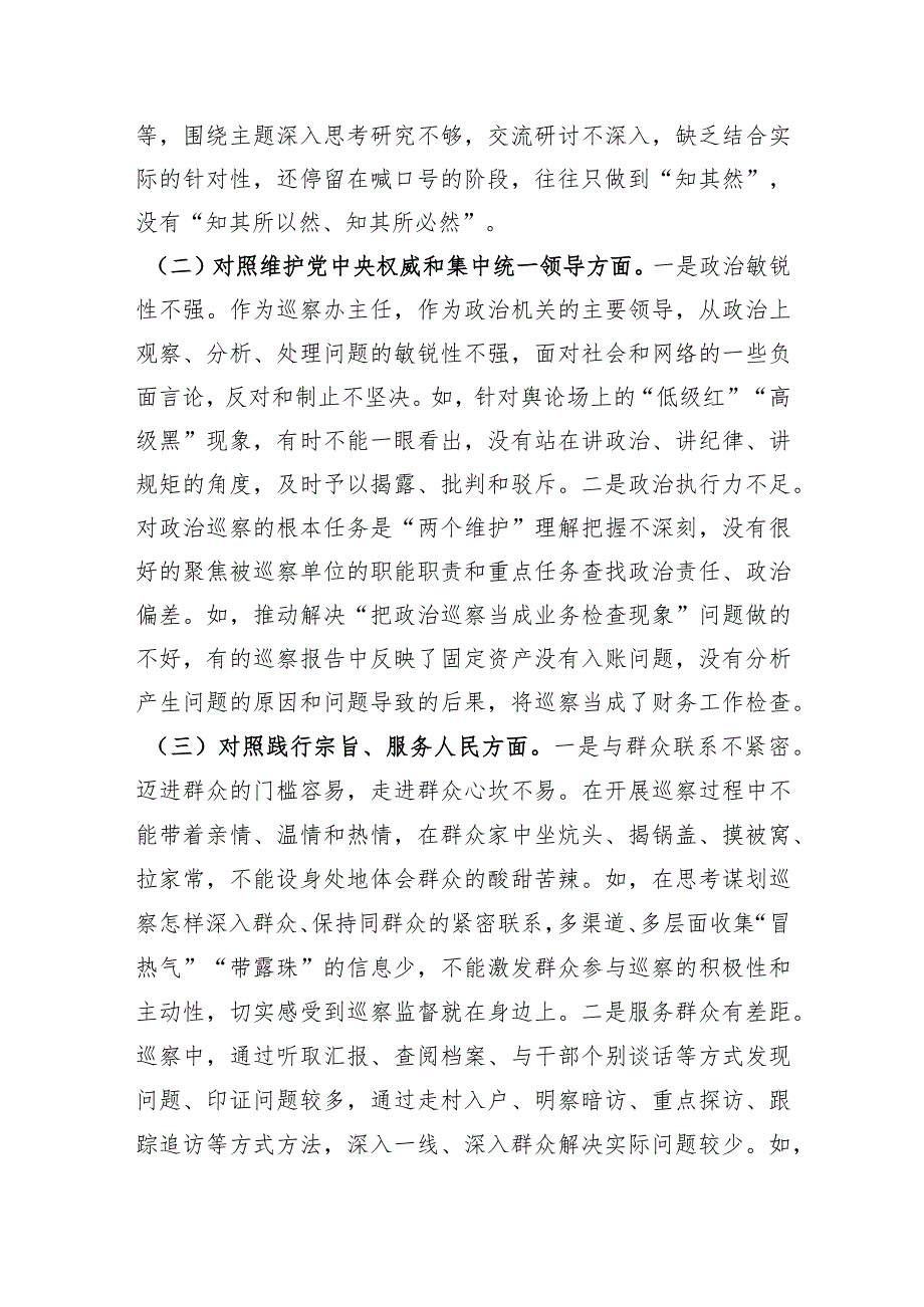 市委巡察办主任2023年专题民主生活会对照检查材料（践行宗旨等6个方面+典型案例剖析）.docx_第2页