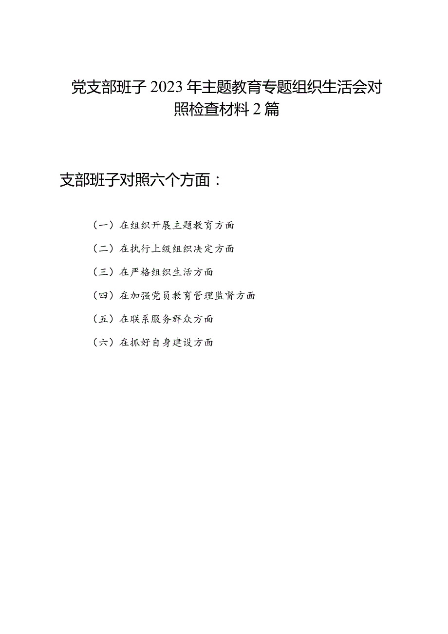 党支部班子在组织开展主题教育、在执行上级组织决定、严格组织生活、加强党员教育管理监督、联系服务群众、抓好自身建设六个方面2023年度.docx_第1页