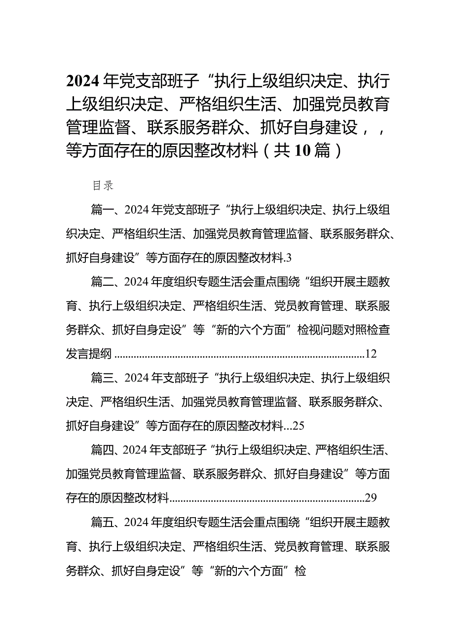 2024年党支部班子“执行上级组织决定、执行上级组织决定、严格组织生活、加强党员教育管理监督、联系服务群众、抓好自身建设”等方面存在.docx_第1页