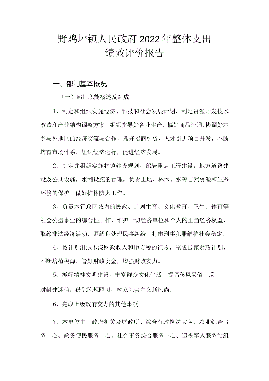 野鸡坪镇人民政府2022年整体支出绩效评价报告.docx_第1页