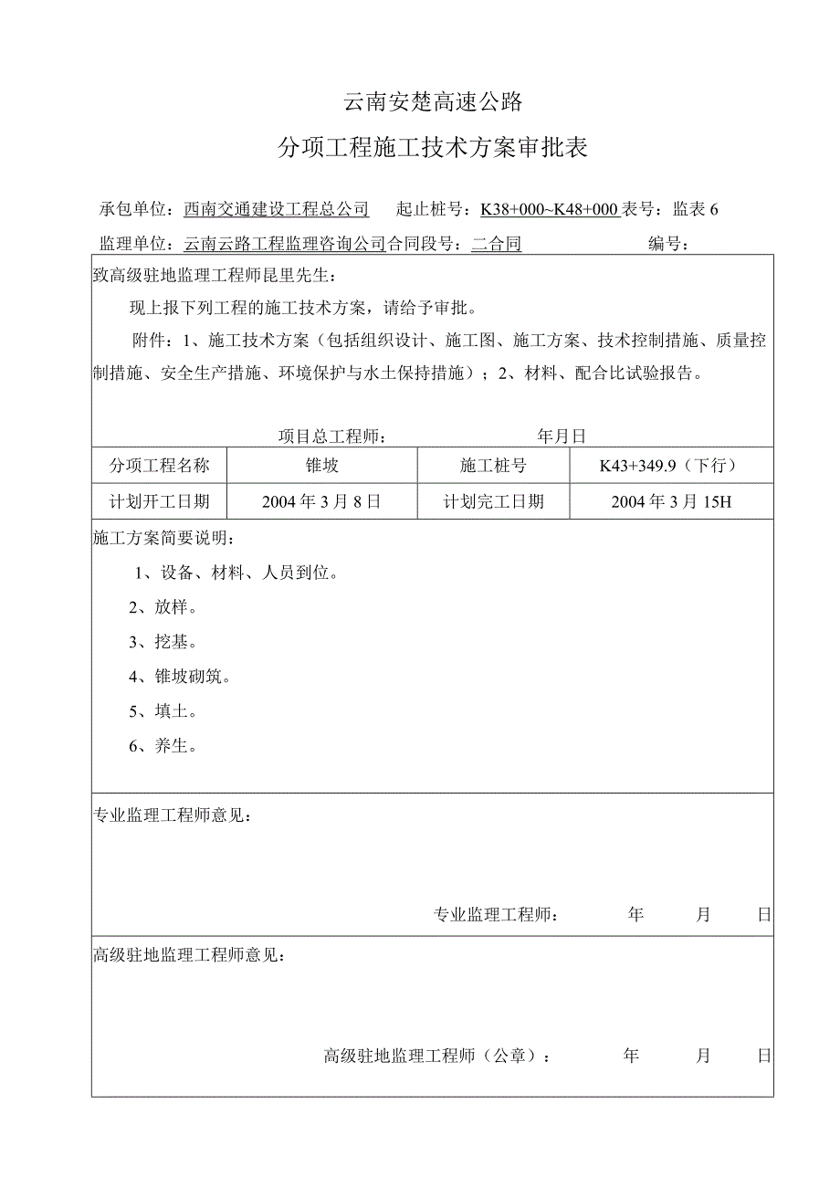 K43+349.9锥坡分项工程施工技术方案审批表.docx_第1页