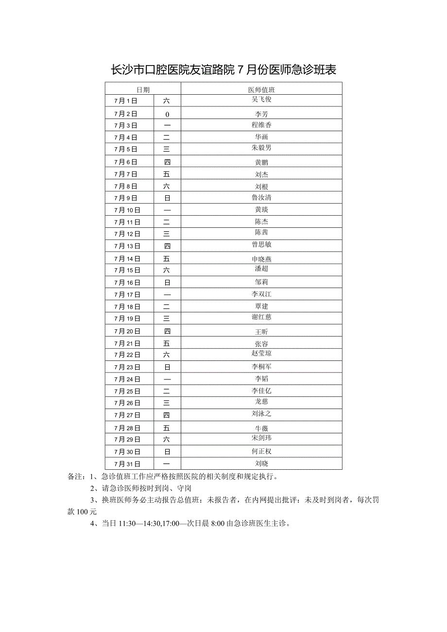 长沙市口腔医院友谊路院7月份医师急诊班表.docx_第1页