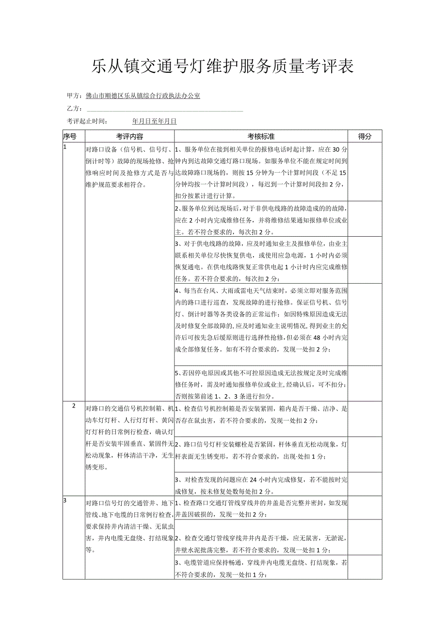 乐从镇交通号灯维护服务质量考评表.docx_第1页