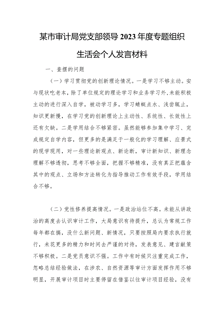 某市审计局党支部领导2023年度专题组织生活会个人发言材料.docx_第1页