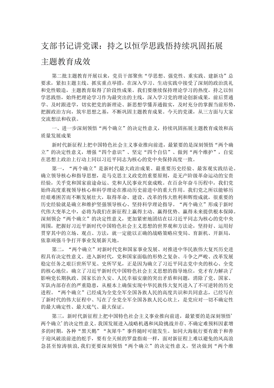 支部书记讲党课：持之以恒学思践悟持续巩固拓展主题教育成效.docx_第1页