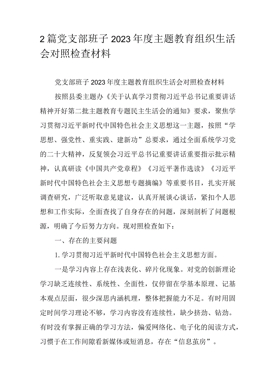 2篇党支部班子2023年度主题教育组织生活会对照检查材料.docx_第1页