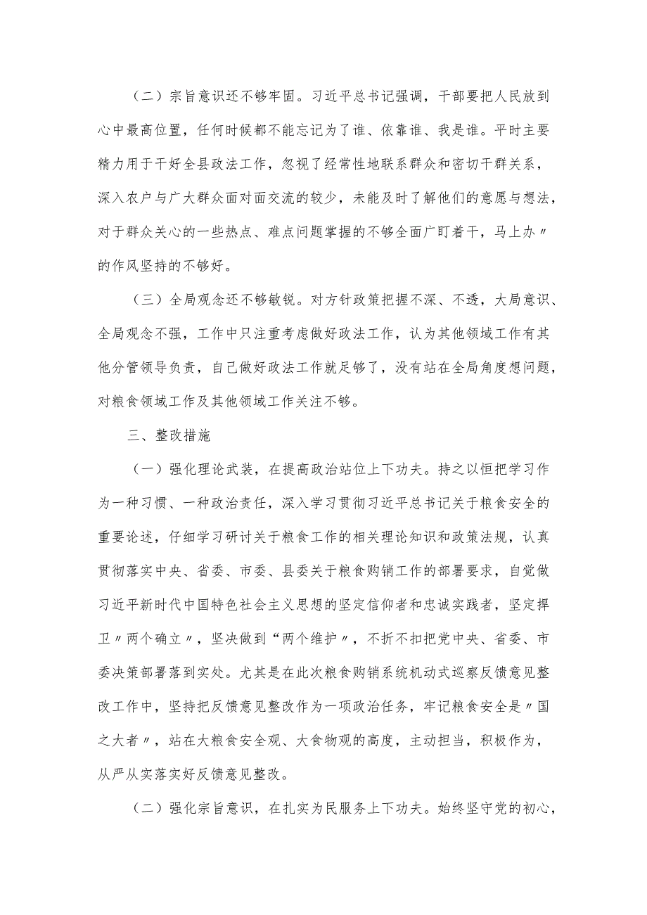 在县粮食购销系统机动式巡察反馈意见整改专题民主生活会发言提纲.docx_第3页