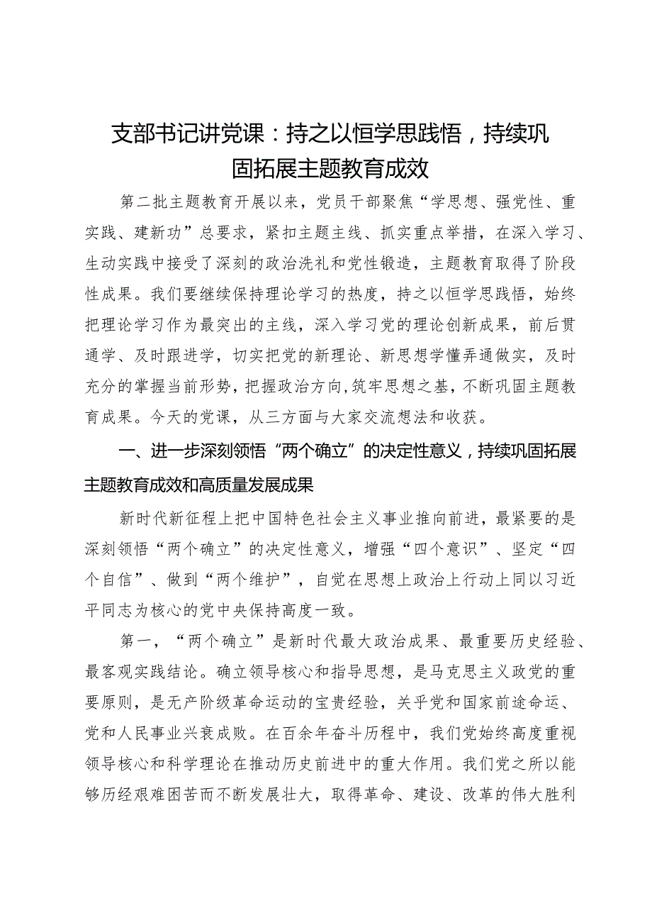 支部书记讲党课：持之以恒学思践悟持续巩固拓展主题教育成效.docx_第1页