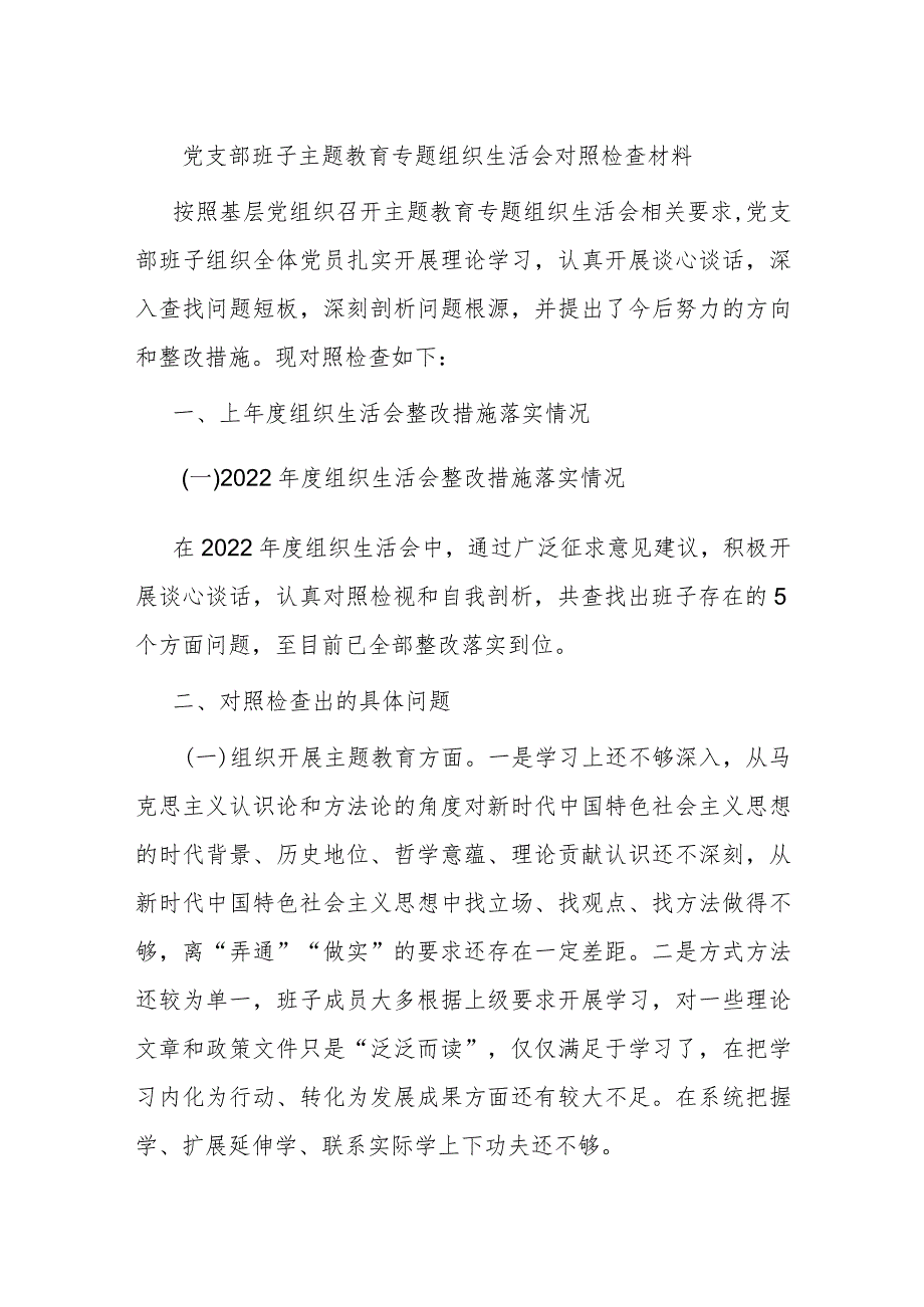 党支部班子主题教育专题组织生活会对照检查材料.docx_第1页