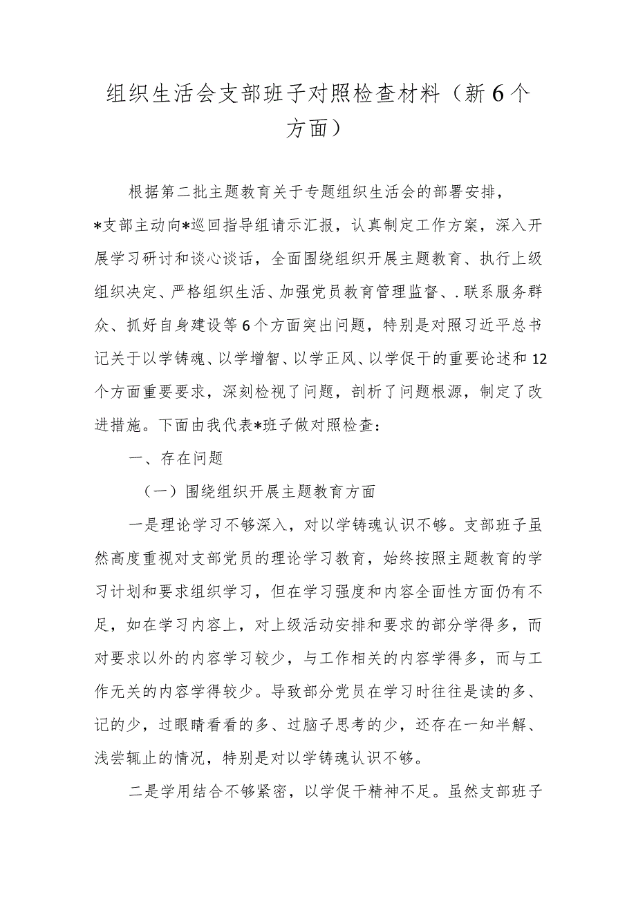 2024组织生活会支部班子对照检查材料(新6个方面).docx_第1页