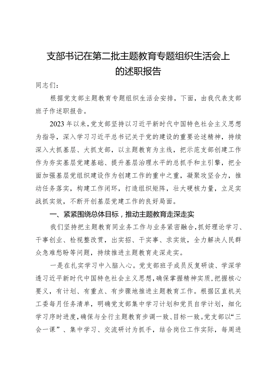 支部书记在第二批主题教育专题组织生活会上的述职报告.docx_第1页