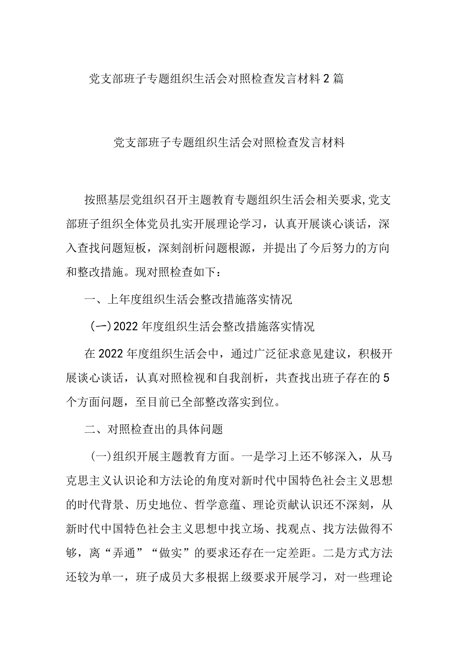 党支部班子专题组织生活会对照检查发言材料2篇.docx_第1页