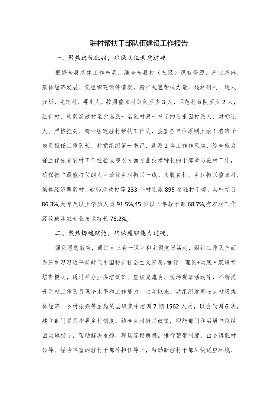 驻村帮扶干部队伍建设工作报告.docx_第1页