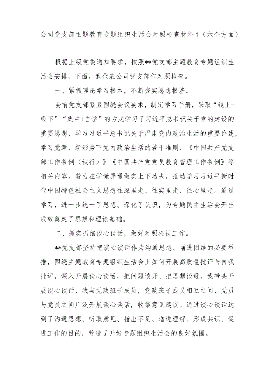 国企公司党支部班子围绕组织开展教育、执行上级组织决定、严格组织生活、加强党员教育管理监督、联系服务群众、抓好自身建设等六个方面对.docx_第2页