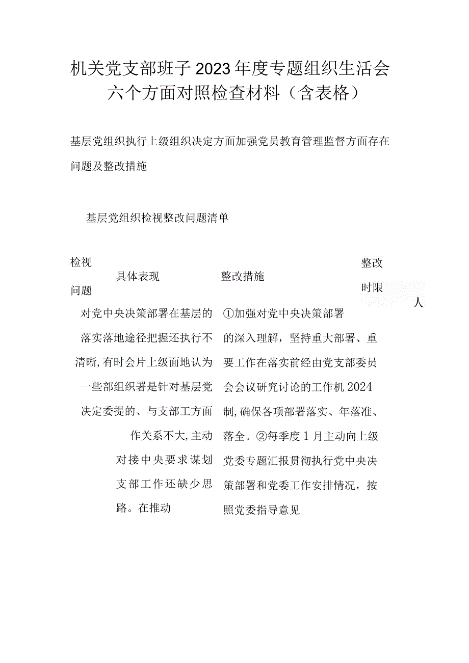 机关党支部班子2023年度专题组织生活会六个方面对照检查材料(含表格）.docx_第1页