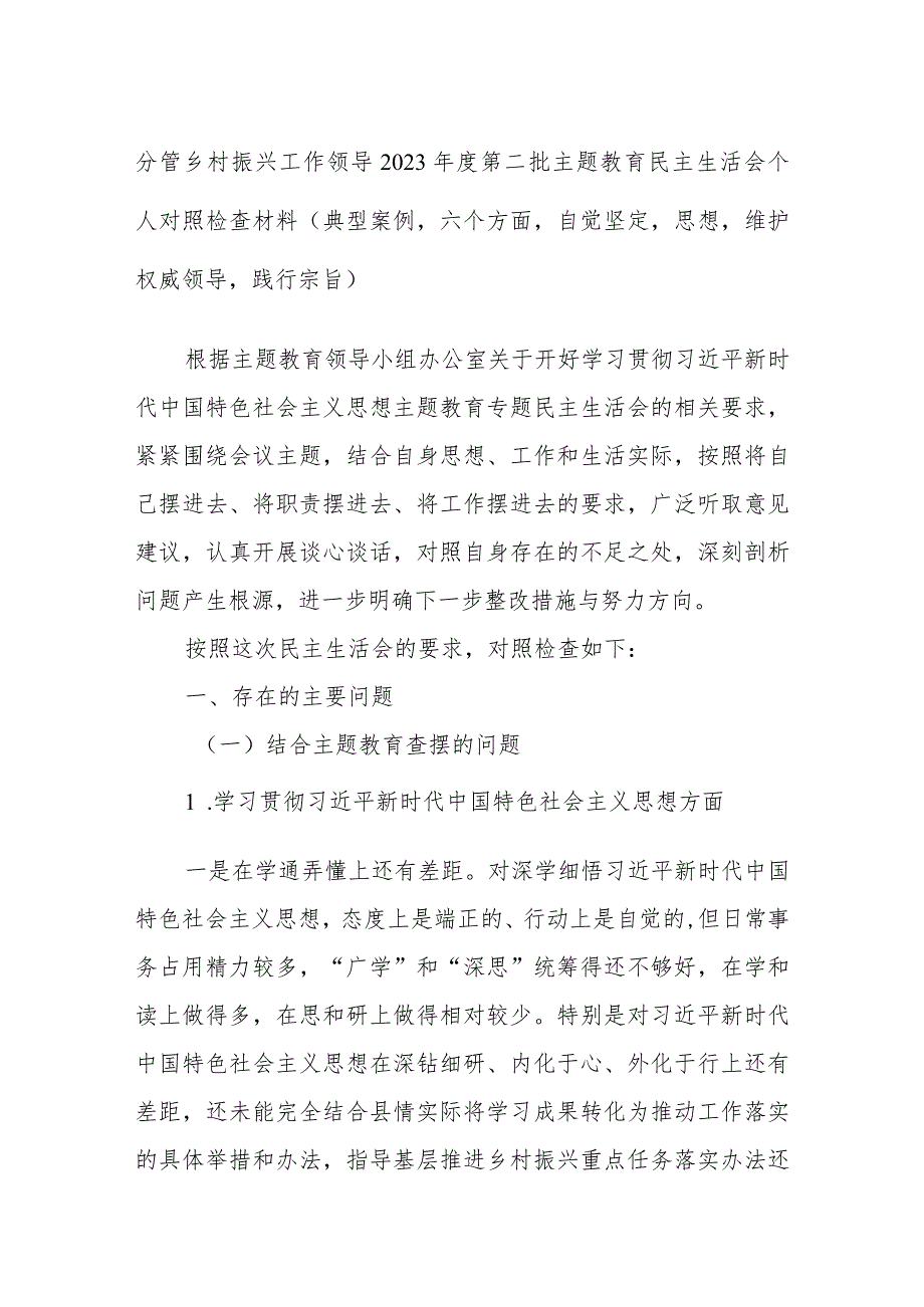 分管乡村振兴工作领导2023年度第二批主题教育民主生活会个人对照检查材料（典型案例六个方面自觉坚定思想维护权威领导践行宗旨）.docx_第1页