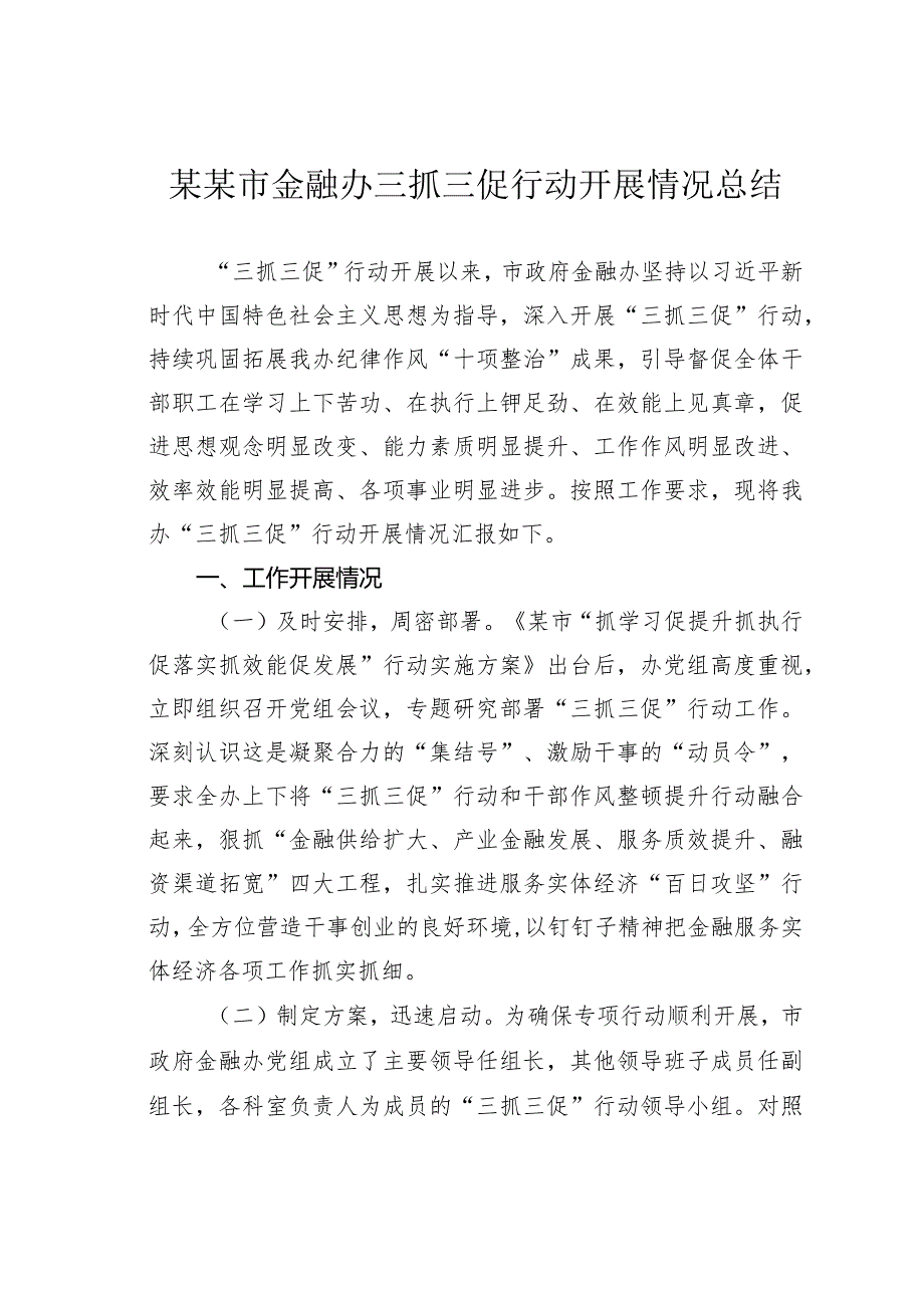 某某市金融办三抓三促行动开展情况总结.docx_第1页