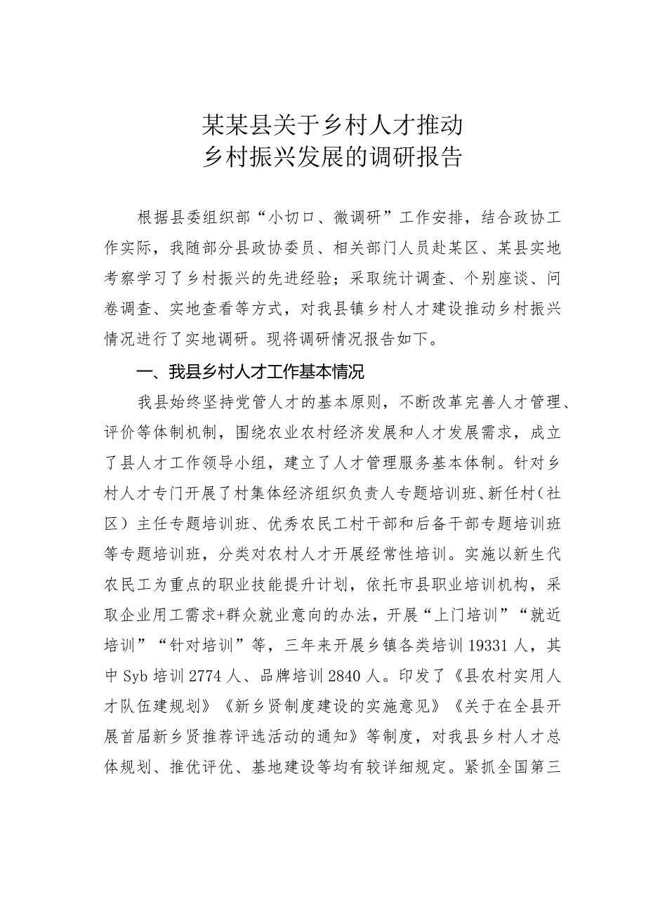 某某县关于乡村人才推动乡村振兴发展的调研报告.docx_第1页