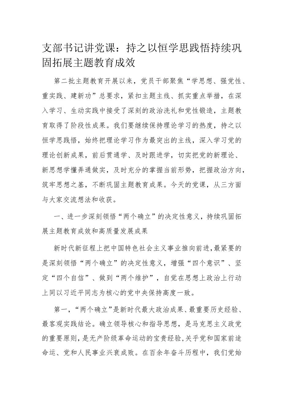 支部书记讲党课：持之以恒学思践悟持续巩固拓展主题教育成效.docx_第1页