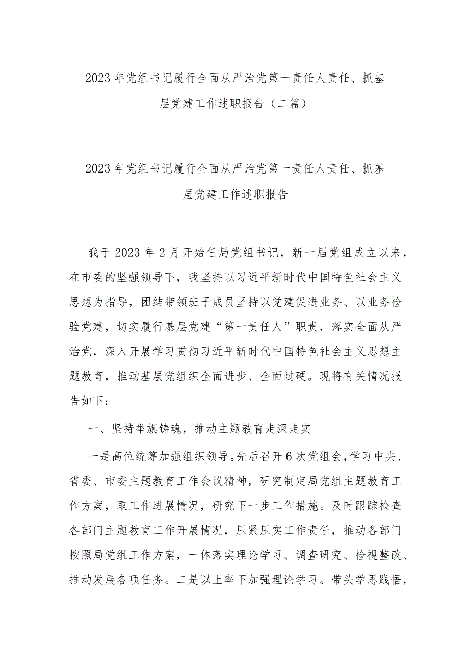 2023年党组书记履行全面从严治党第一责任人责任、抓基层党建工作述职报告(二篇).docx_第1页