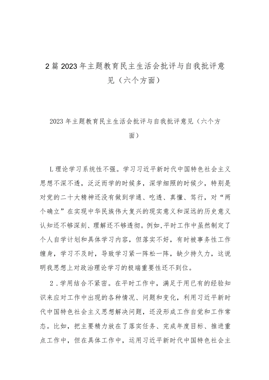 2篇2023年主题教育民主生活会批评与自我批评意见（六个方面）.docx_第1页