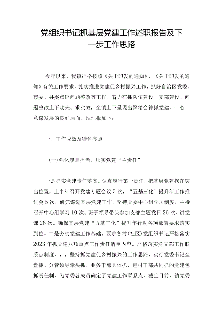 党组织书记抓基层党建工作述职报告及下一步工作思路.docx_第1页