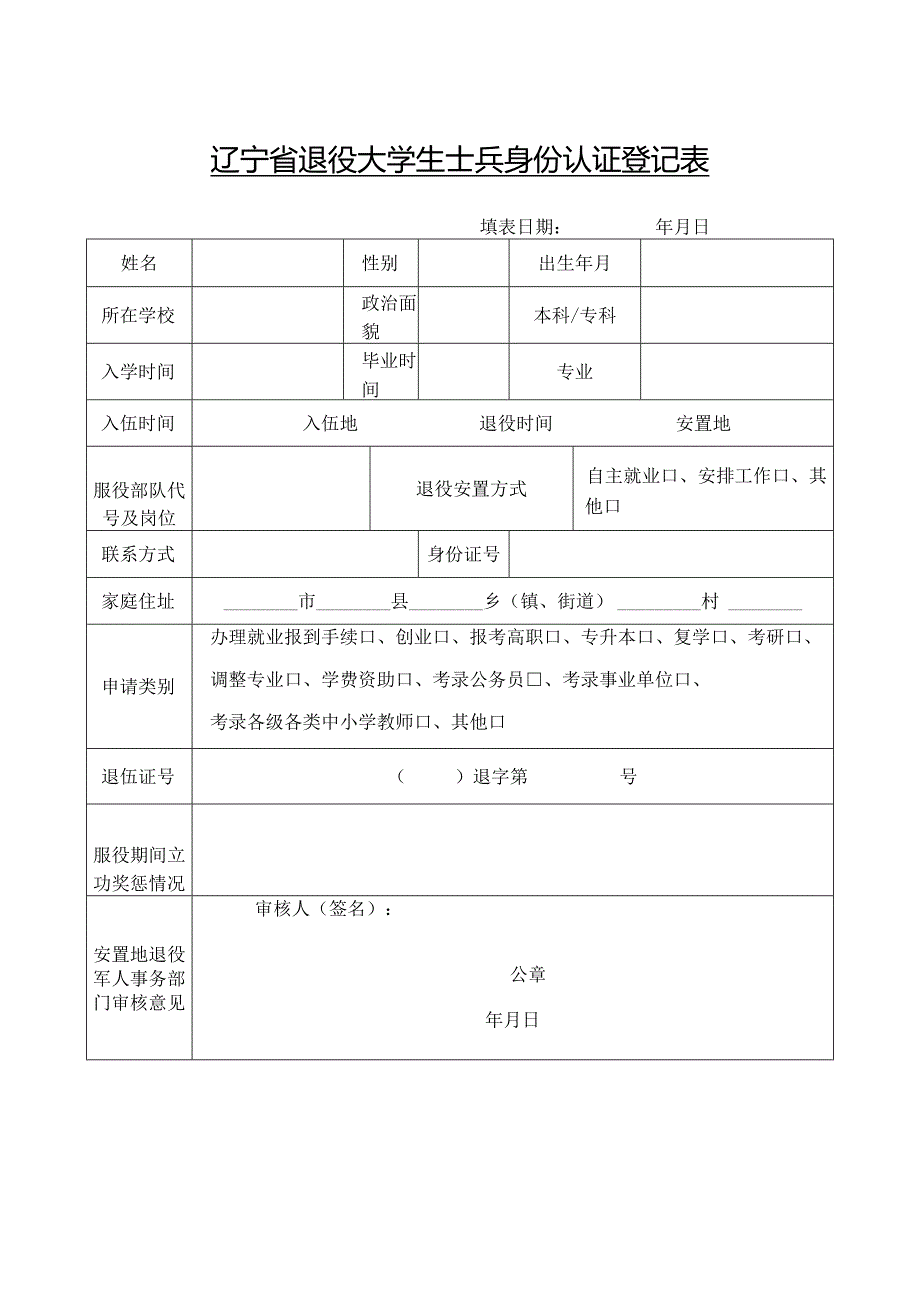 辽宁省退役大学生士兵身份认证登记表.docx_第1页