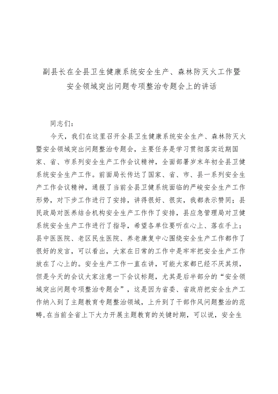 副县长在2024年度全县卫生健康系统安全生产、森林防灭火工作暨安全领域突出问题专项整治专题会上的讲话.docx_第1页