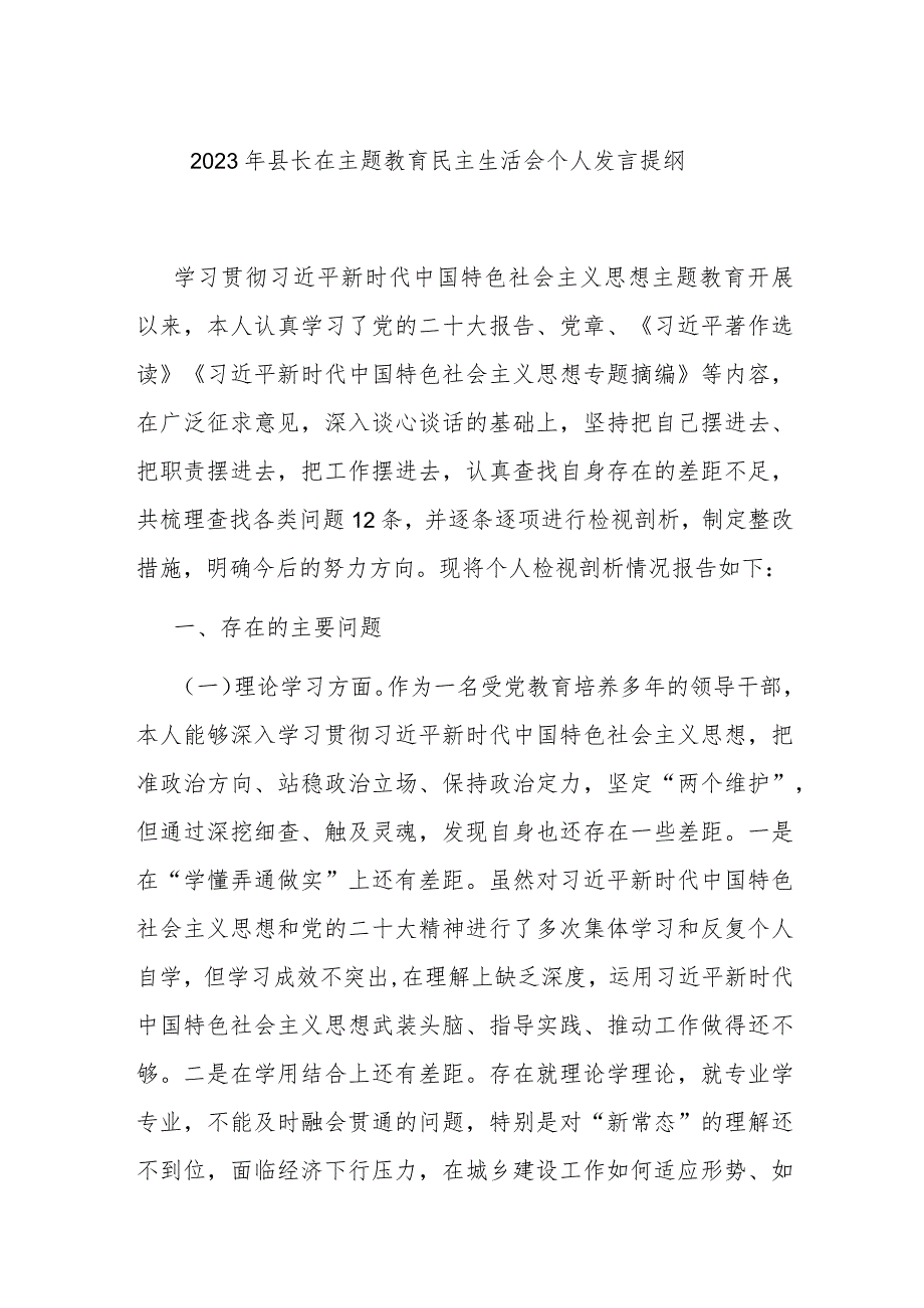 2023年县长在主题教育民主生活会个人发言提纲.docx_第1页