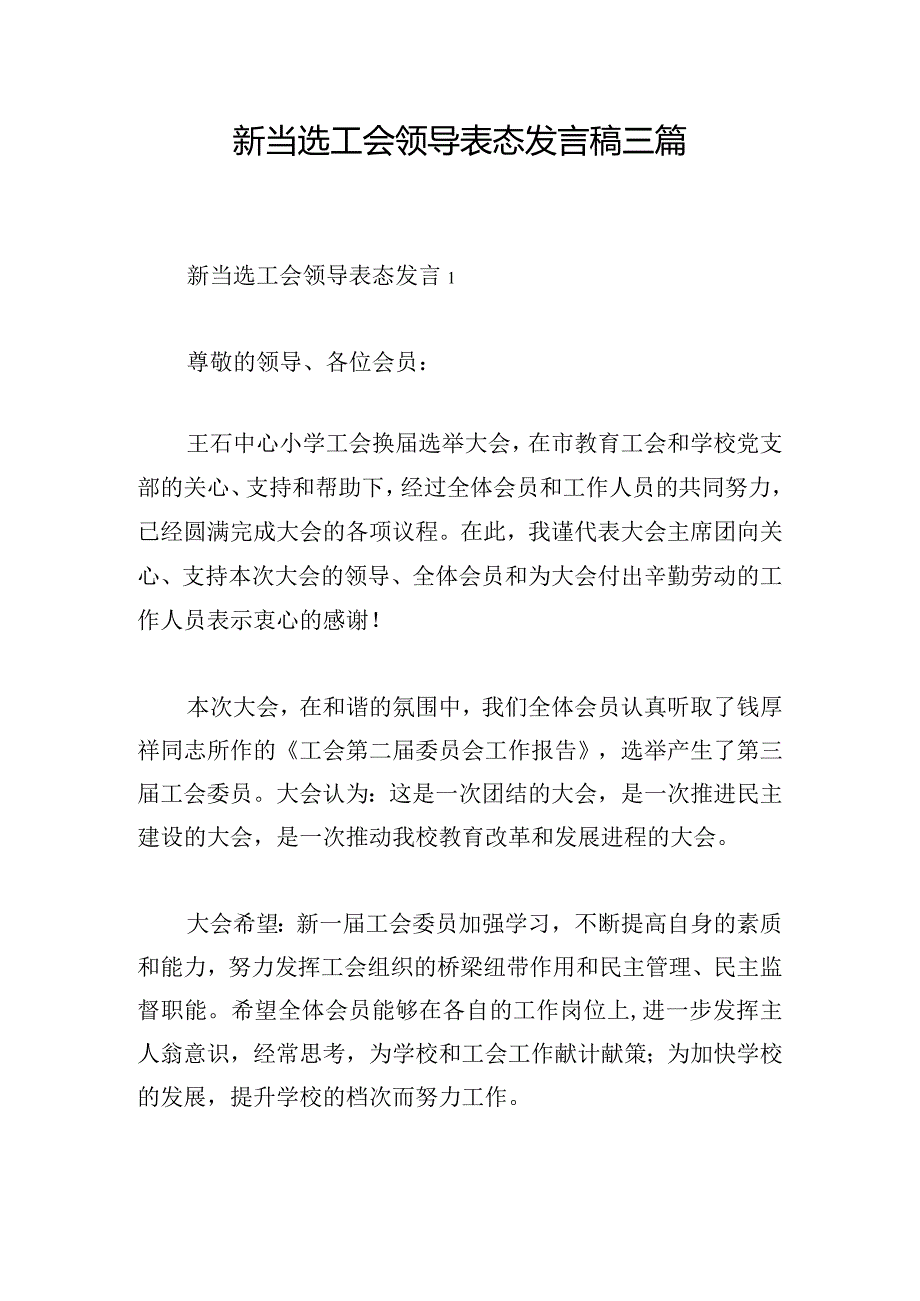 新当选工会领导表态发言稿三篇.docx_第1页