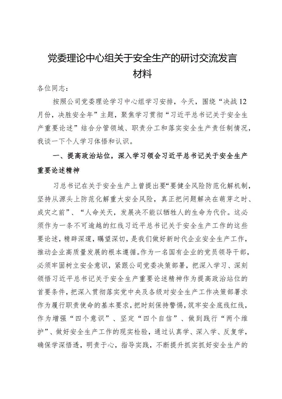 公司党委理论中心组关于安全生产的研讨交流发言材料.docx_第1页