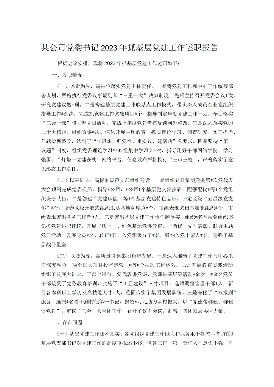 某公司党委书记2023年抓基层党建工作述职报告.docx_第1页