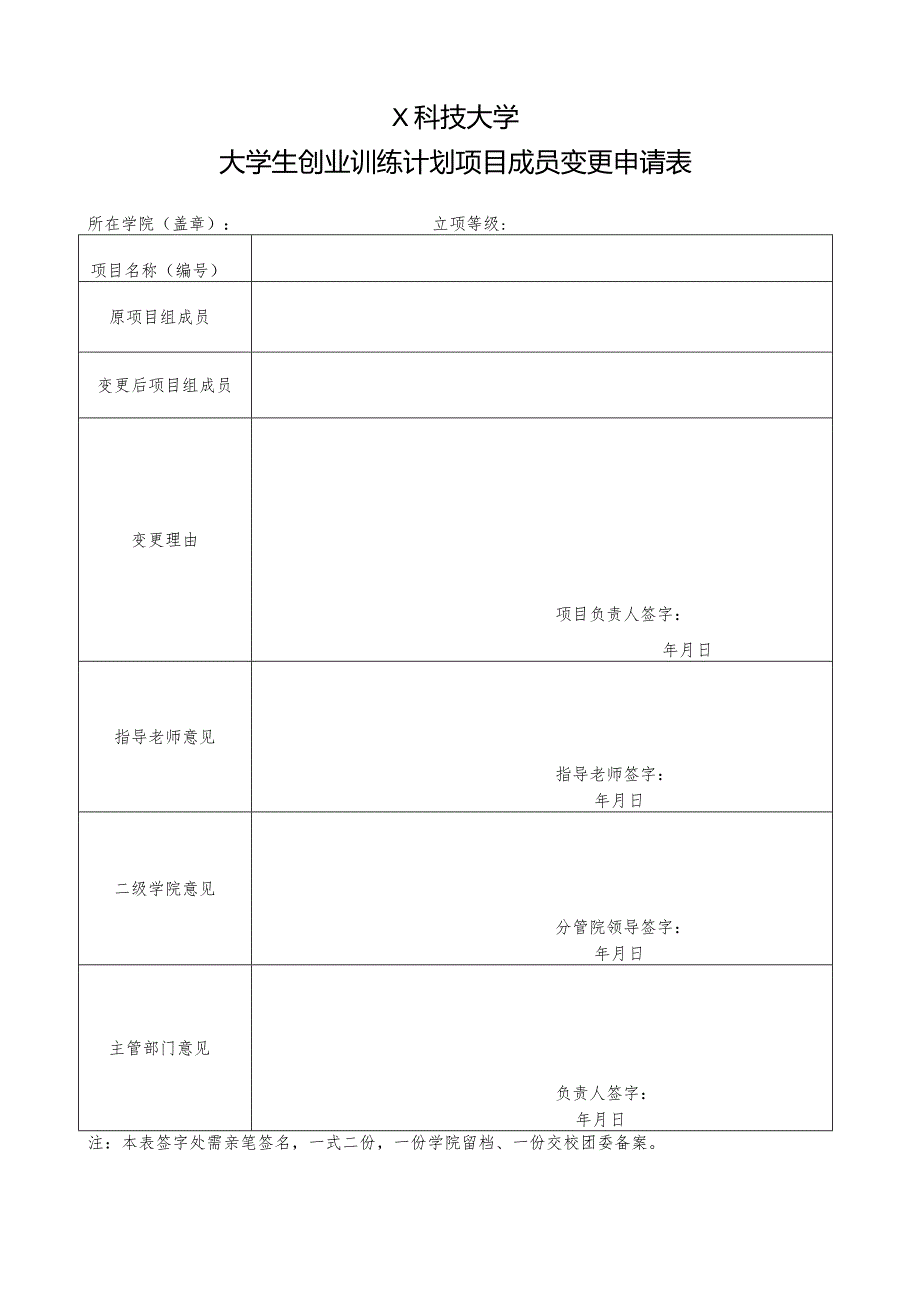 XX科技大学大学生创业训练计划项目成员变更申请表（2023年）.docx_第1页