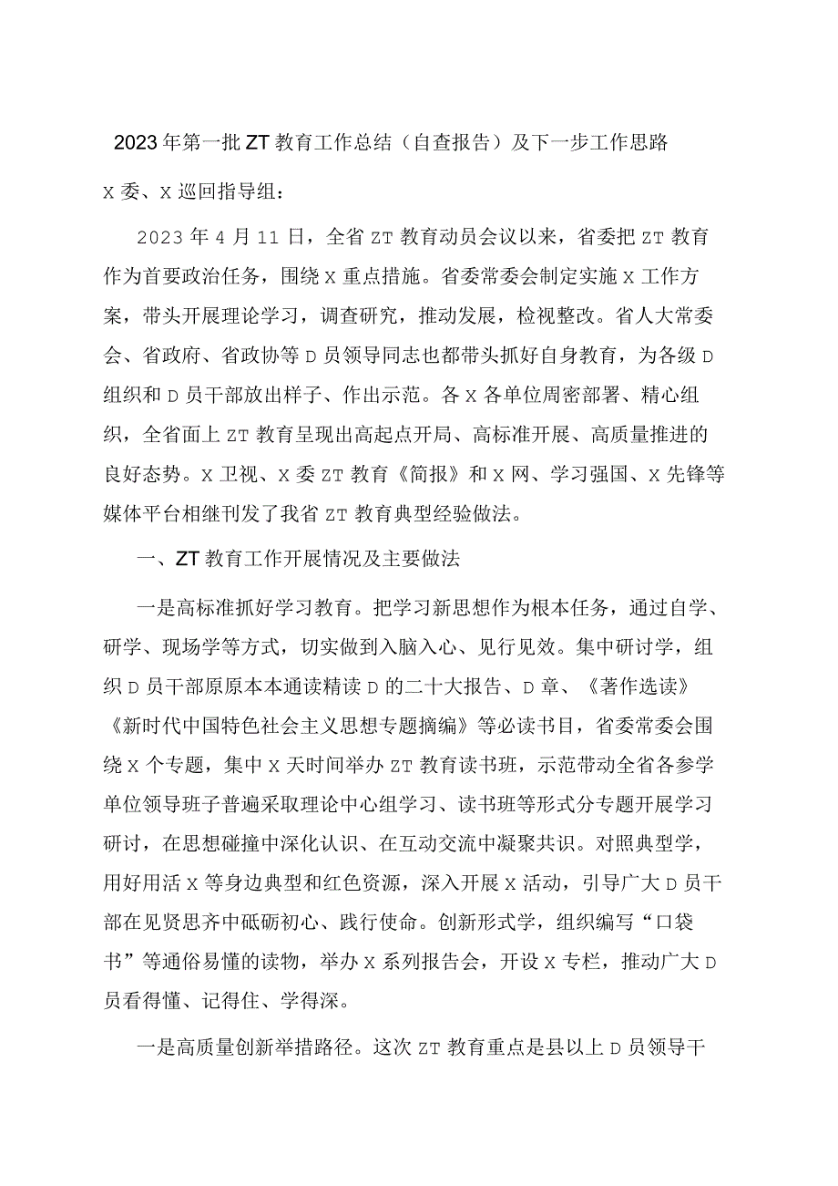 2023年第一批主题教育工作总结（自查报告）及下一步工作思路.docx_第1页