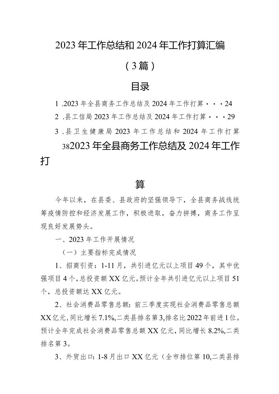 2023年工作总结和2024年工作打算汇编（3篇）.docx_第1页