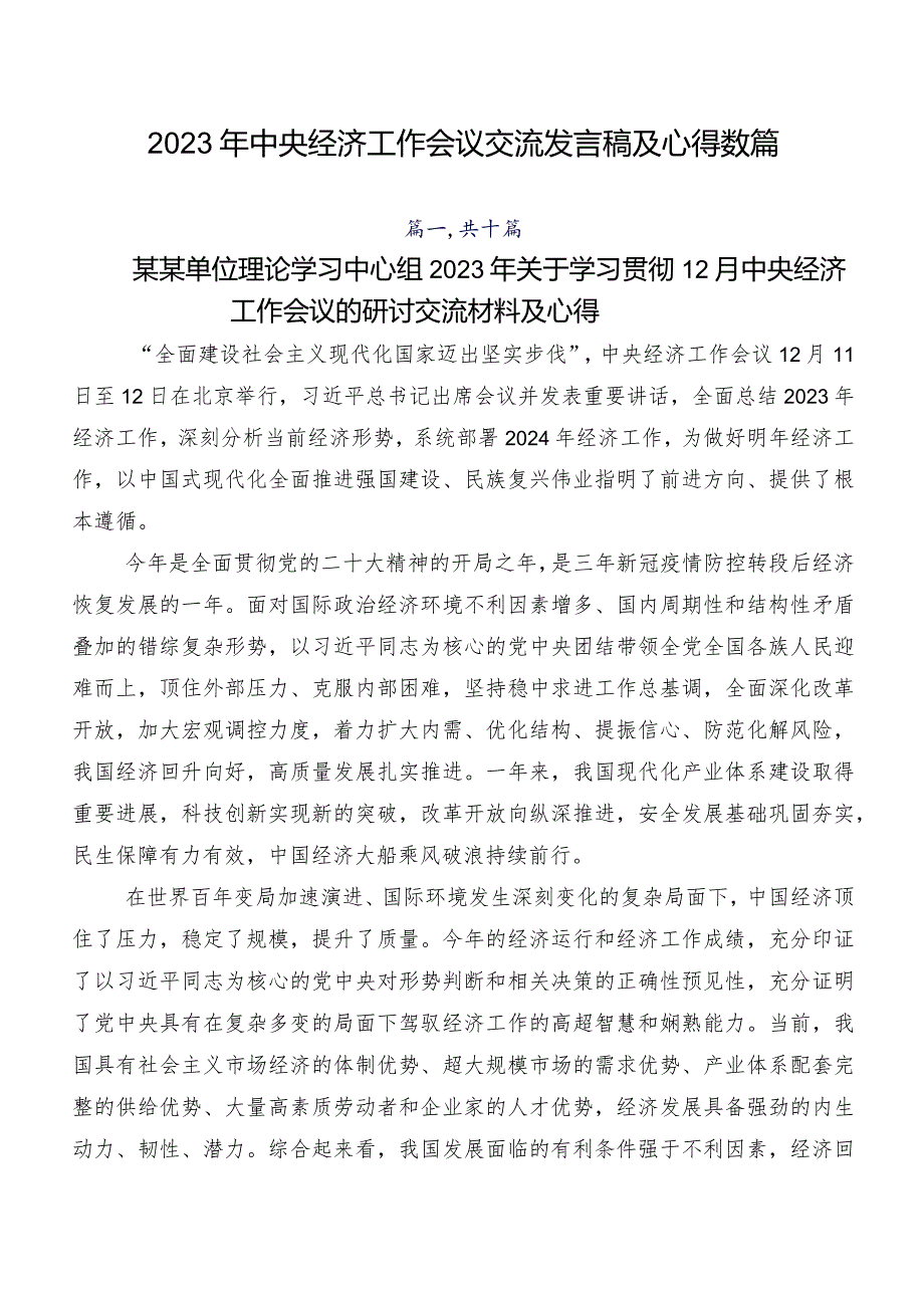 2023年中央经济工作会议交流发言稿及心得数篇.docx_第1页