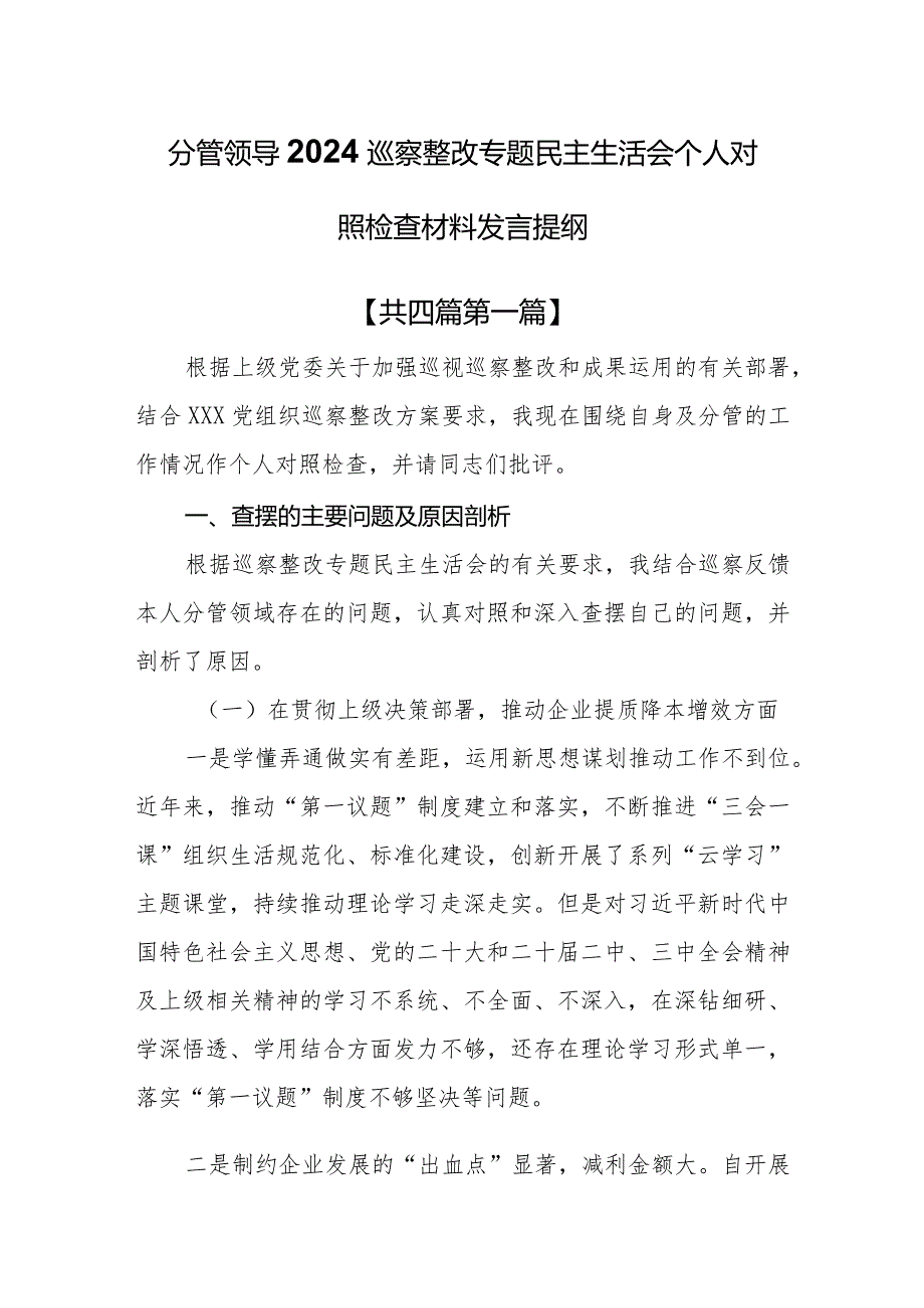 （4篇）分管领导2024巡察整改专题民主生活会个人对照检查材料发言提纲.docx_第1页