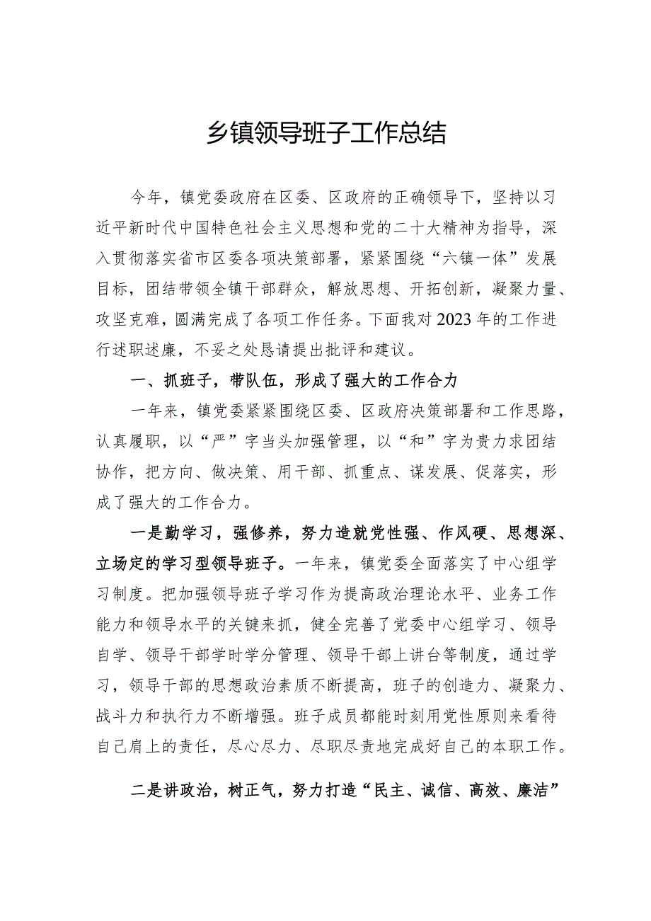 乡镇领导班子工作总结.docx_第1页